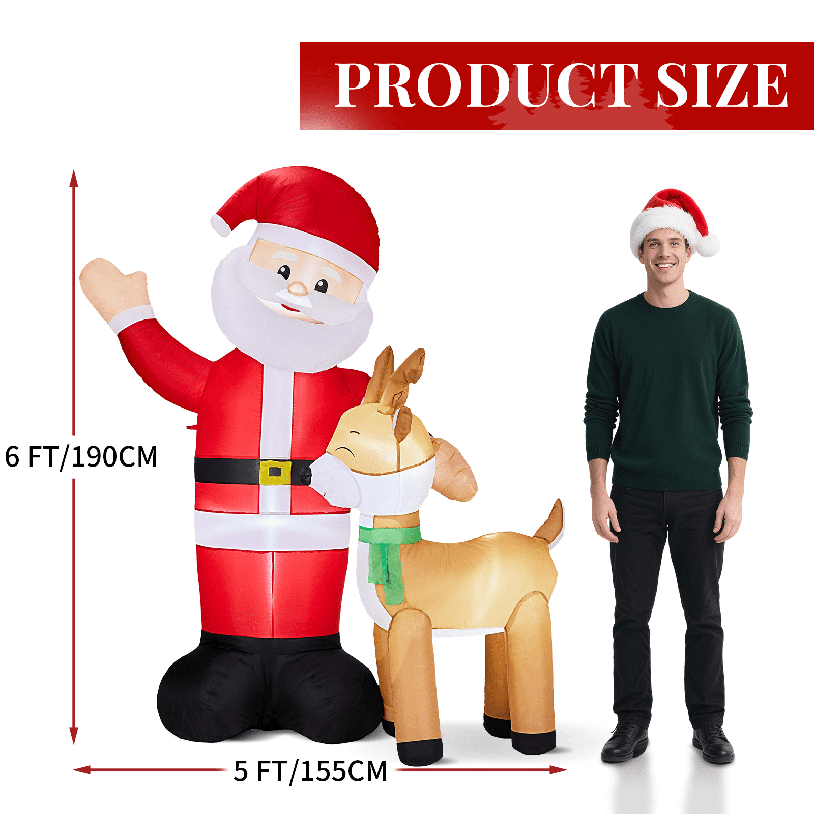 Astoutdoor Christmas Inflatable Decoration, Santa and Reindeer with Built-in LED Lights, 61 x 31.5 x 74.8 in