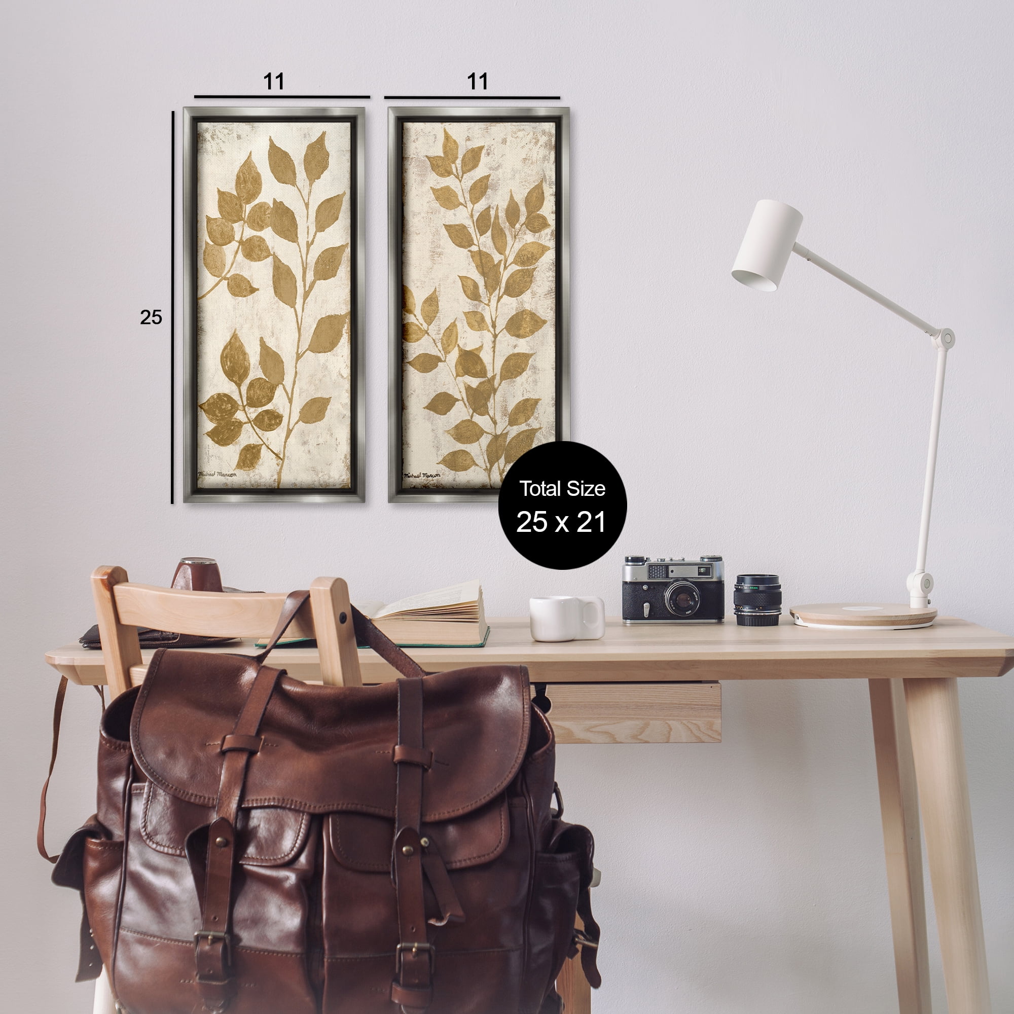 Stupell Industries Distressed Natural Leaves Floral & Botanical Painting Gray Floater Framed Canvas Art Print Wall Art, 11 x 25, Set of 2