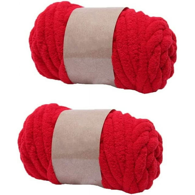 ORUYROP 2-Pack Bulky Super Chunky Chenille Yarn Arm Knitting Blanket Yarn Deep Red Jumbo Chenille Yarn DIY Mat Hat Scarf Yarn Per Skein 250g-8oz