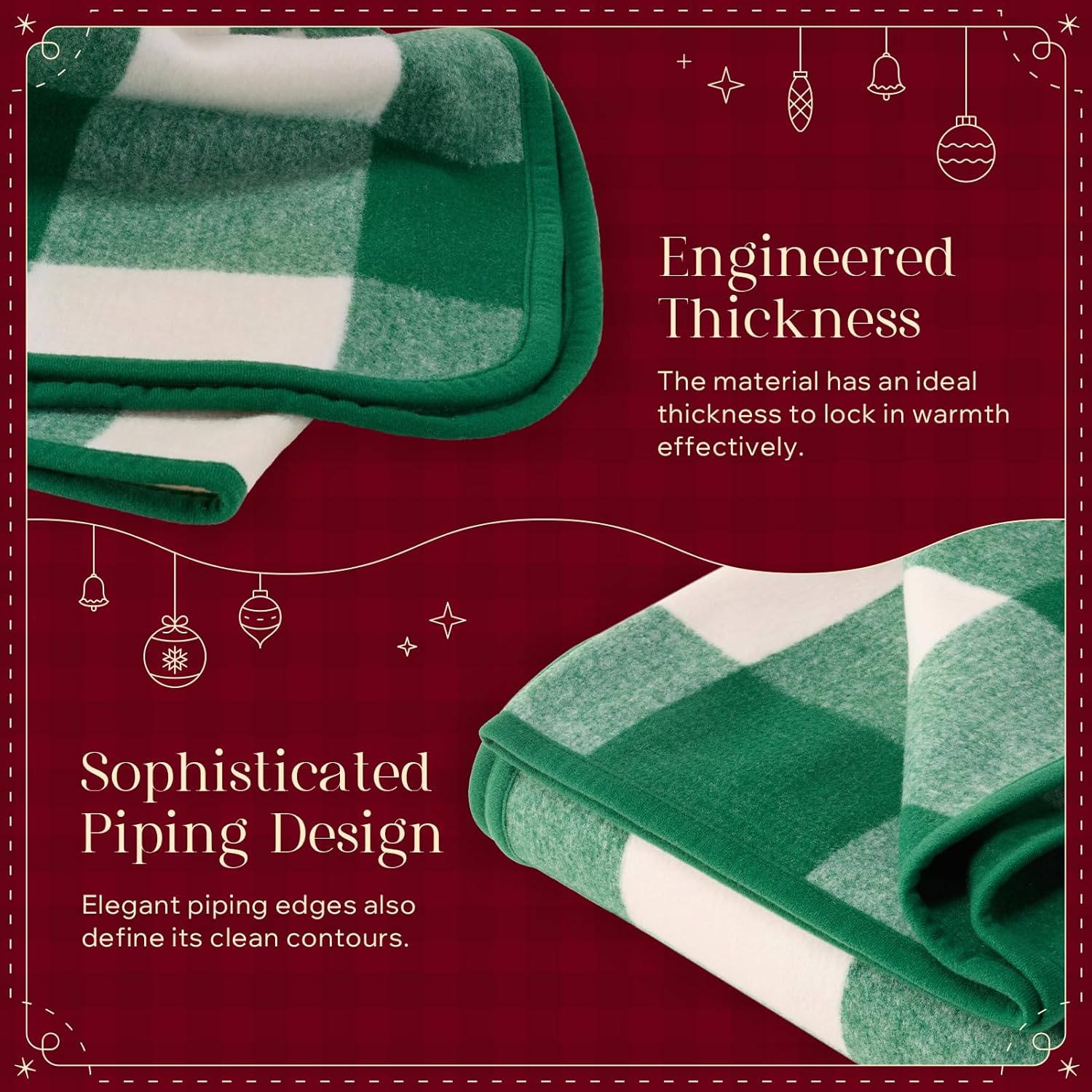 Christmas Throw Blanket, 50x60 Inch Faux Wool Buffalo Check Plaid with Locking Edge, Green Holiday Blanket for Couch and Decor