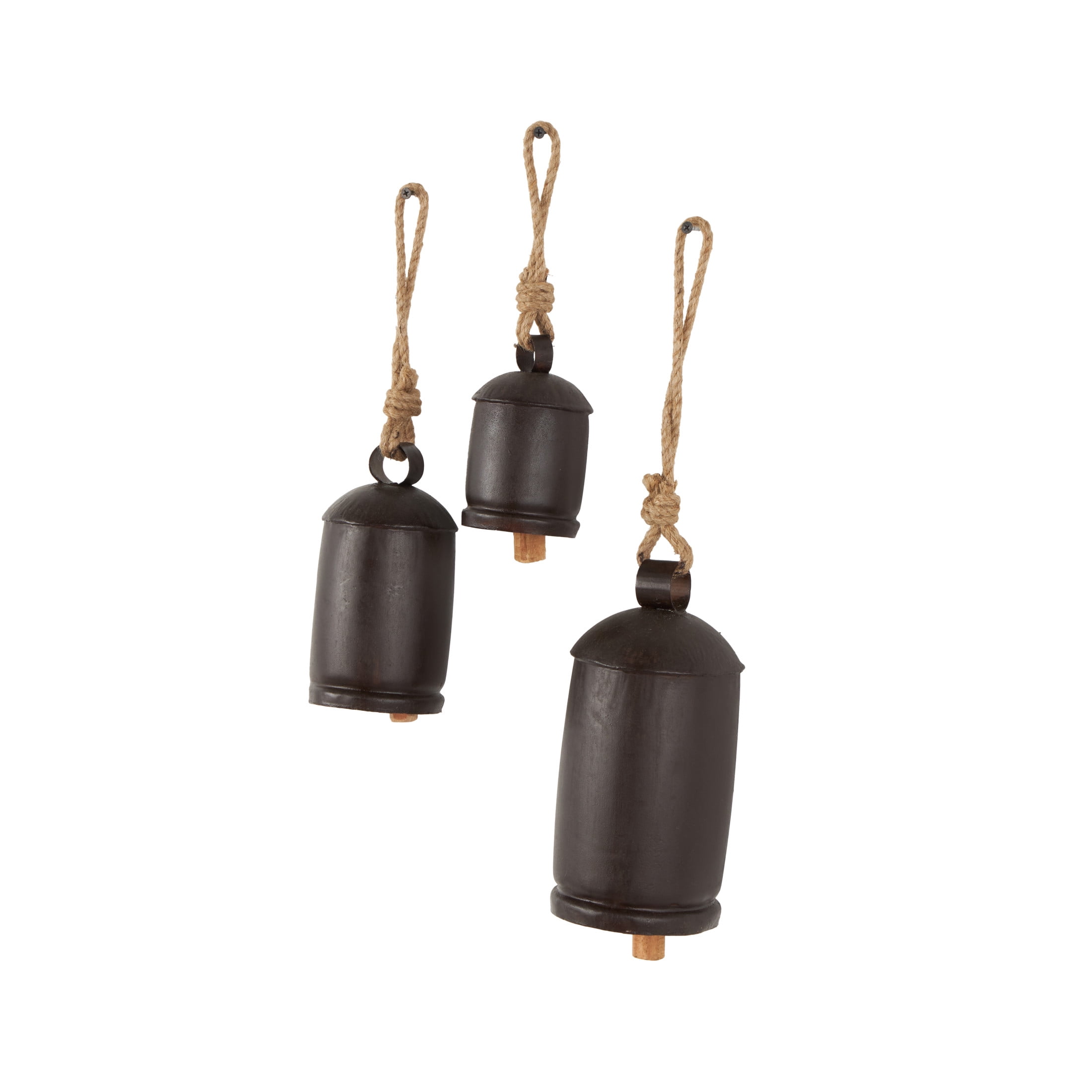 DecMode Tibetan Inspired Dark Brown Metal Cylindrical Decorative Cow Bells with Jute Hanging Rope, 3 Count