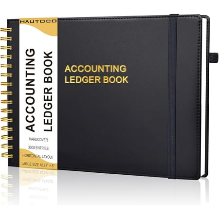 Hardcover Accounting Ledger Book for Small Business Bookkeeping Horizontal Money Expense Tracker Notebook with 2 Storage Pouch, Personal Columnar Log Journal 10.78 x 8'', Black