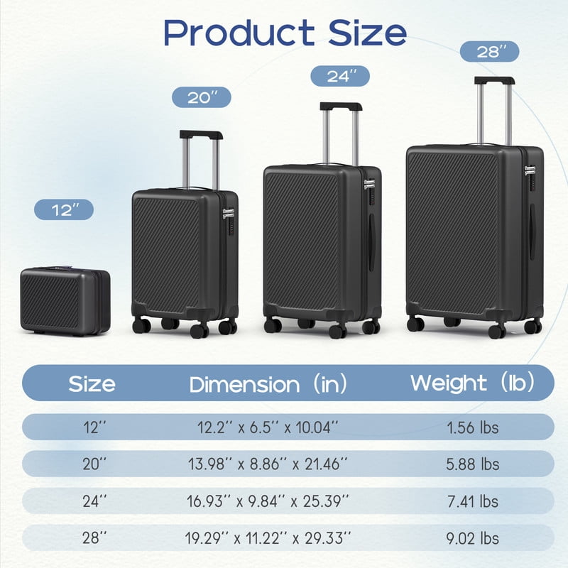 Luggage Sets 4 Piece Carry on Luggage with Spinner Wheels Hardshell Durable Suitcase with TSA Lock 14 20 24 28 inch Black