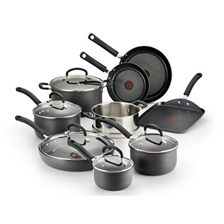 T-fal E765SE Ultimate Hard Anodized Scratch Resistant Titanium Nonstick Thermo-Spot Heat Indicator Anti-Warp Base Dishwasher Safe Oven Safe PFOA Free Cookware Set, 14-Piece, Gray