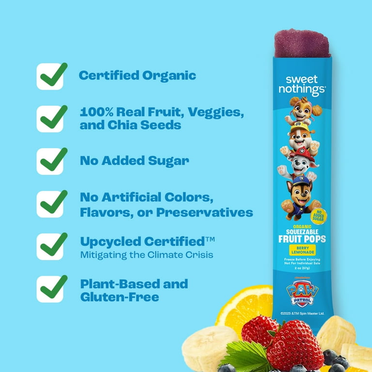 Sweet Nothings Paw Patrol Organic Frozen Squeezable Fruit Pops, Berry Lemonade, 2 oz, 6 count