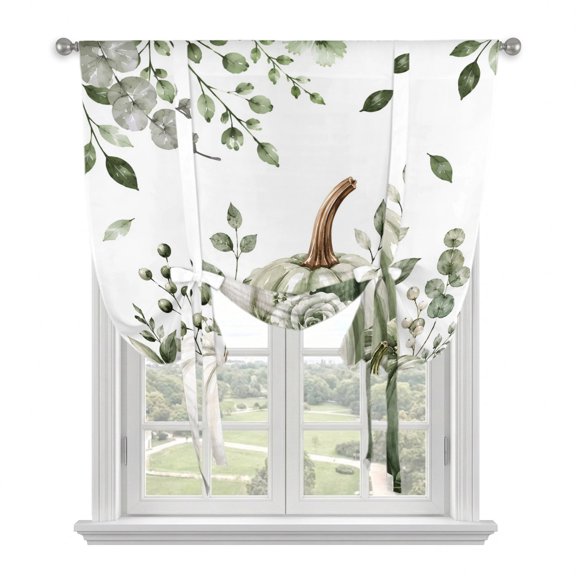 Fall Green Pumpkins Tie Up Curtains for Windows, Balloon Window Shades, Thanksgiving Eucalyptus Leaf Flower Berries Kitchen Window Treatments Roll Up Curtain for Basement/Nursery 52"x45"
