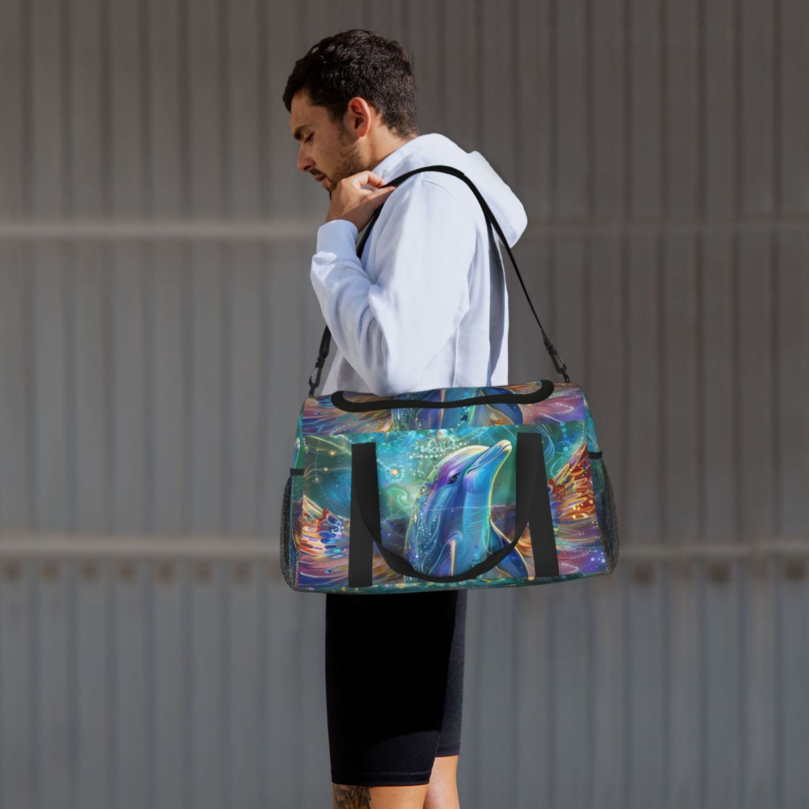 Defioc Colorful Winged Dolphin Print Hand Travel Bag - Foldable Travel Duffel Bags for Men Women -Sport Gym Bag - Overnight Travel Duffel Bag - Adjustable Shoulder Strap