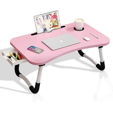 VINAUO Foldable Lap Desk  Lap Desk for Bed 23.6  Portable Laptop Desk Table Bed Tray with iPad Slots Cup Holder and Drawer Tv Trays for Kids Pink