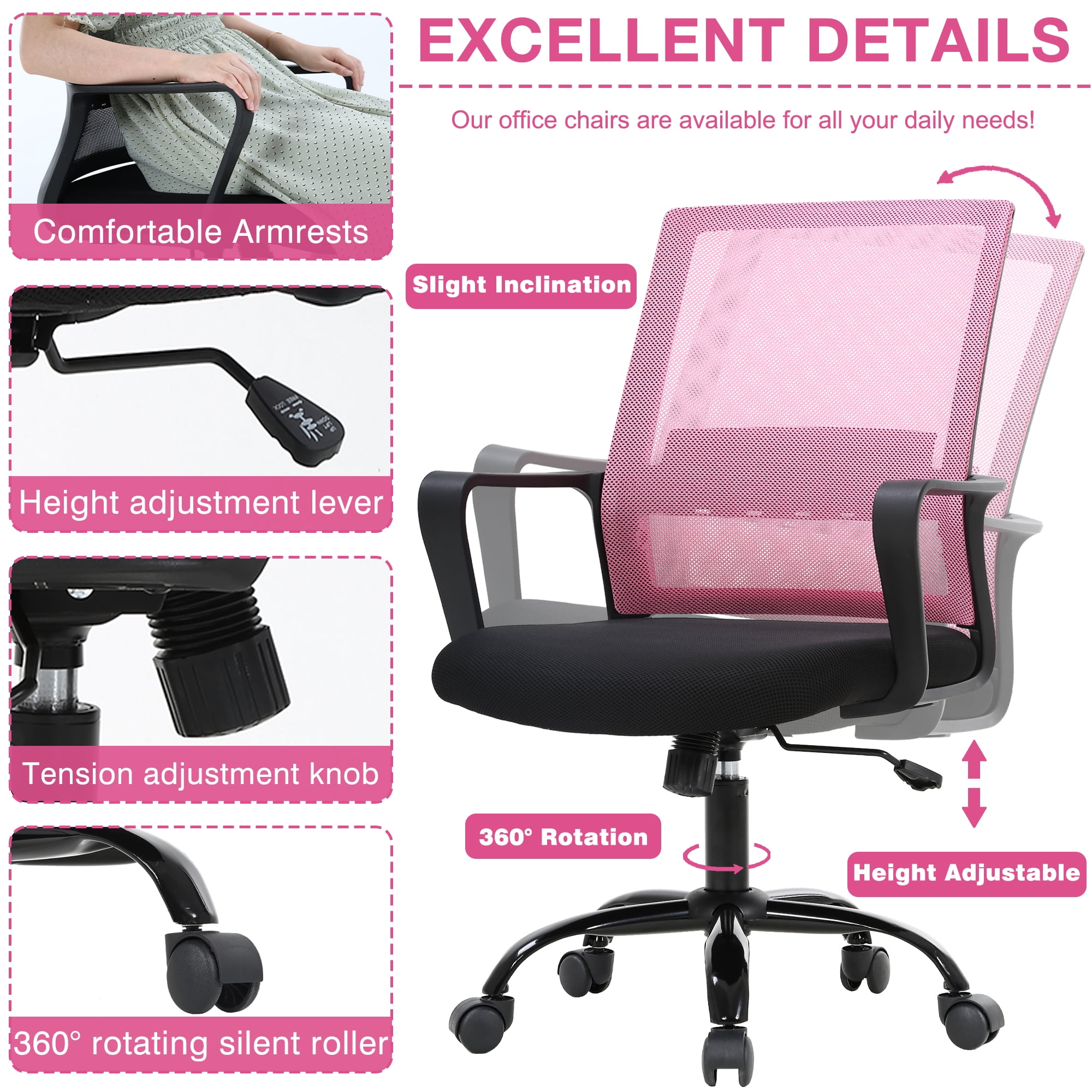 BestOffice Ergonomic Office Chair, Lumbar Support, Swivel Rolling for Women(Pink)
