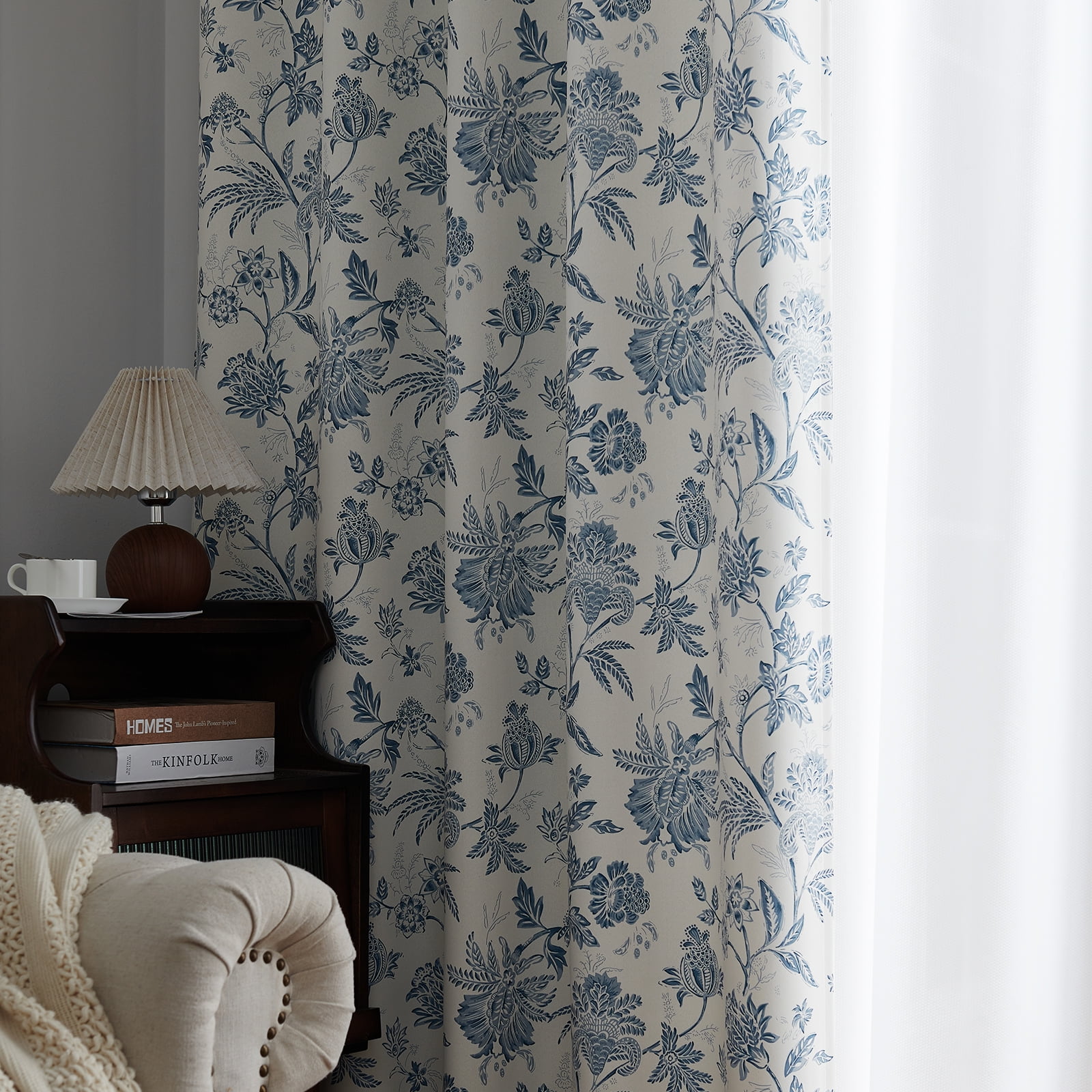 Curtainking Luxury Look Farmhouse Blue Floral Print Rod Pocket Blackout Curtains, 96" (2 Panels)