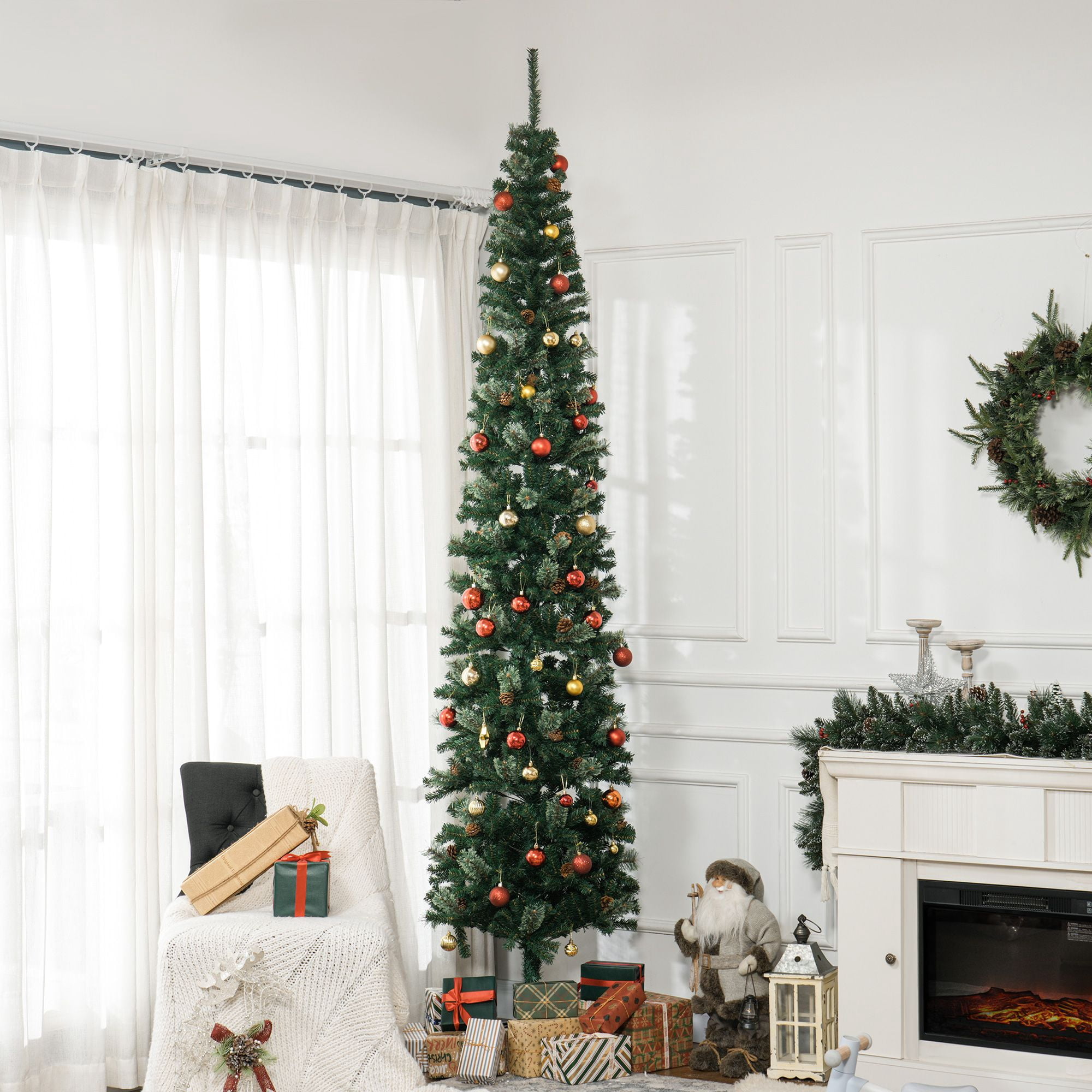 9.5 ft Pencil Christmas Tree, Slim Artificial Xmas Tree with Realistic Branches, Pine Cones and Metal Base, Unlit Holiday Decoration for Indoor Spaces
