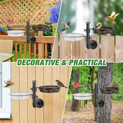 RibRave Wall Mounted Bird Feeder With Detachable Tray and 2 Water Bowls for Balcony, Yard, Fence, and Tree - Black