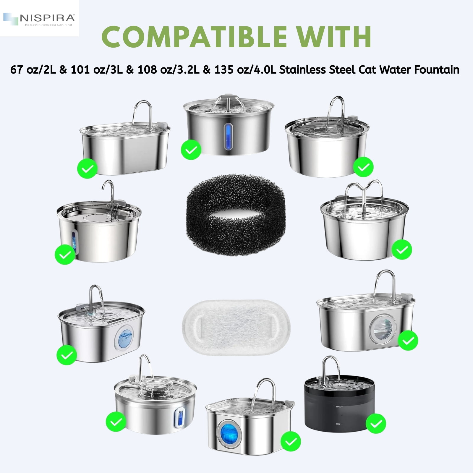 NISPIRA PLWF003 PLWF006 Stainless Steel Cat Water Fountain Activated Charcoal Water Filter Kit Replacements with Spongies For Petlibro 67oz/2L 101oz/3L, Tomxcute 108oz/3.2L 135oz/4 L Pet, 24 Pack