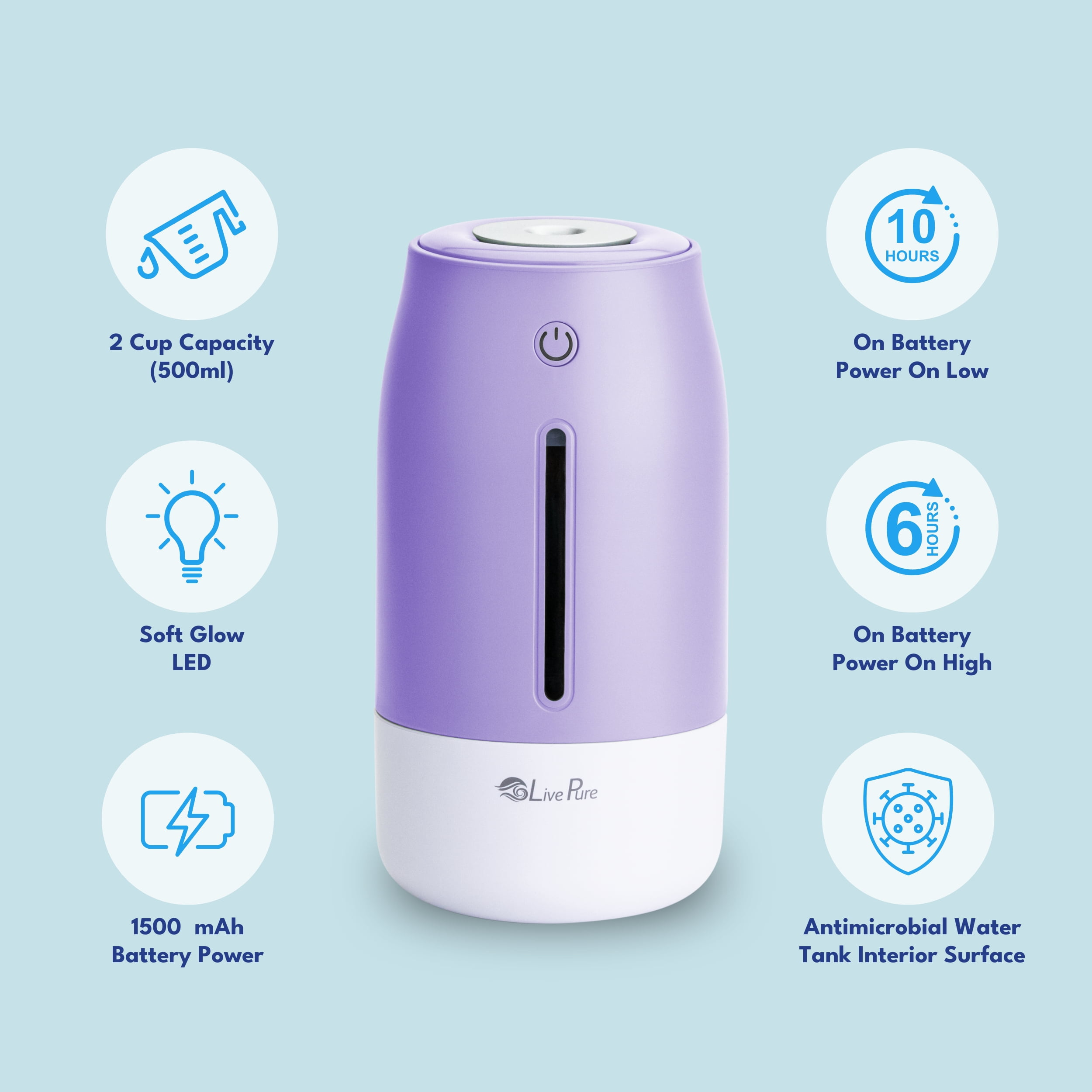 LivePure LP250 Aqua Glo Portable Cool Mist Humidifier. Lavender
