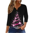 thumbnail image 2 of Mifsaly Merry Christmas Shirts Women V-Neck 3/4 Sleeve Pullover Tops 3 Buttons Xmas Tree Funny Print T-Shirts Casual Loose Festival Party Blouse 2025 Holiday Outfits, 2 of 5