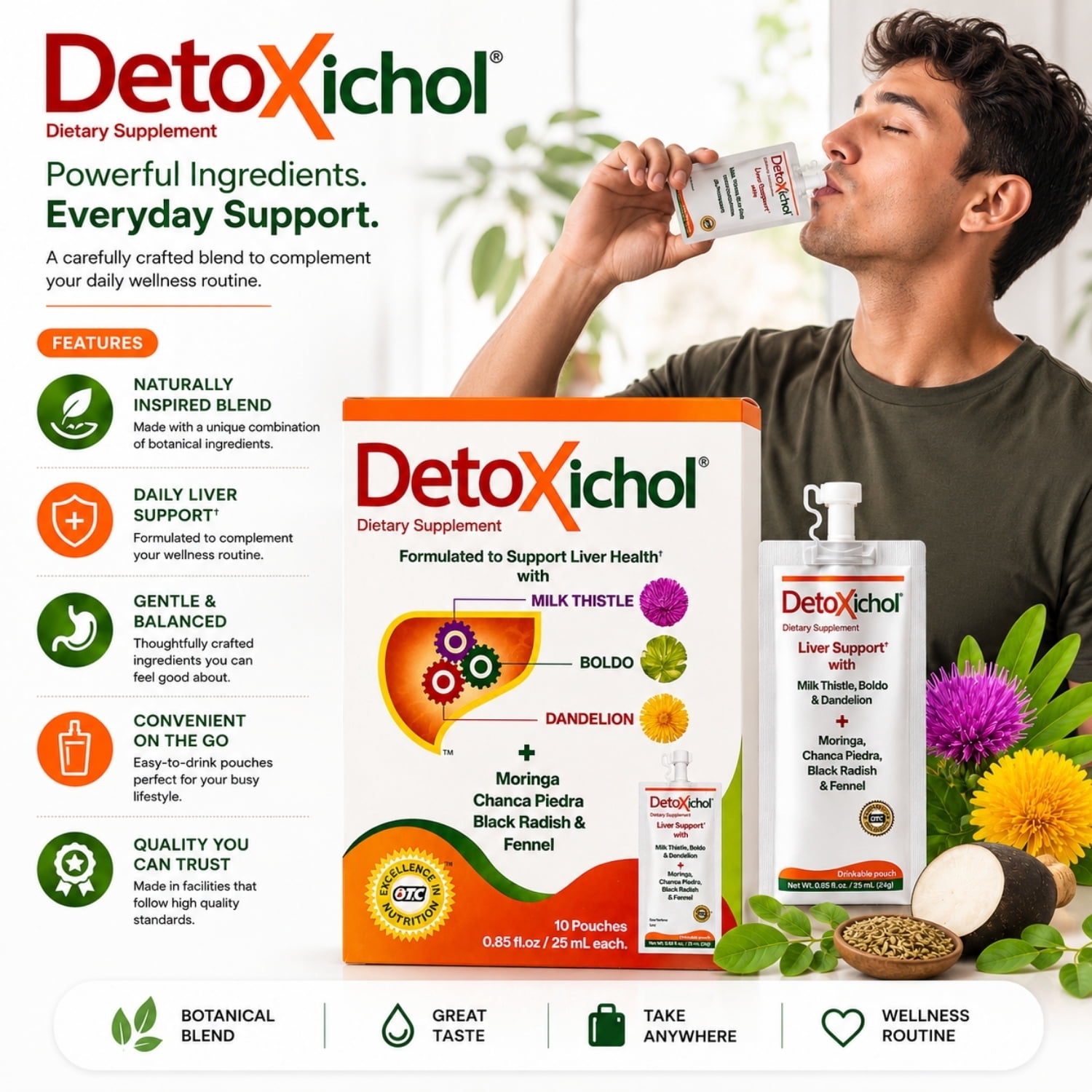 Detoxichol Dietary Supplement with Milk Thistle, Boldo, Dandelion, Moringa, Chanca Piedra, Black Radish & Fennel – 10 Drinkable Pouches (0.85 fl oz Each)