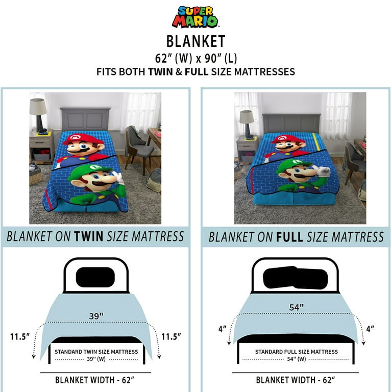 Super Mario Kids Plush Blanket Twin Full Size 62x90 Nintendo Walmart