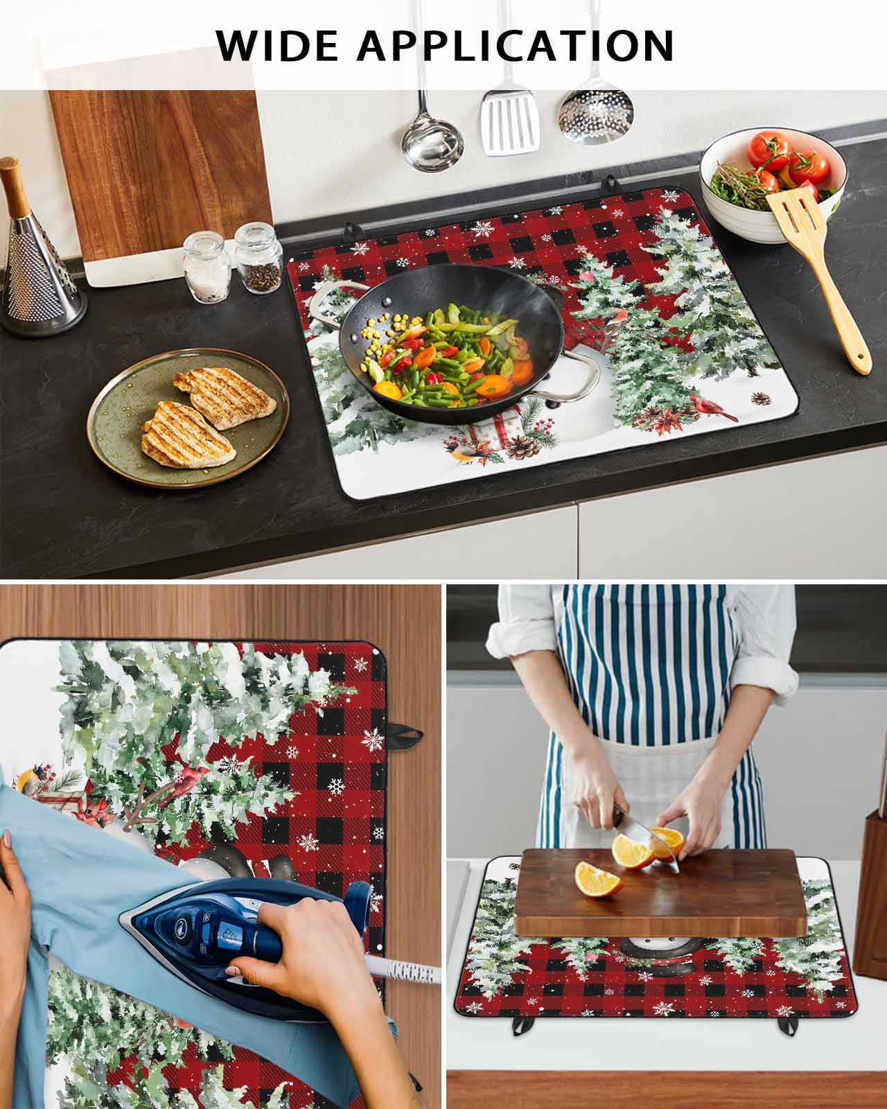 Large Induction Cooktop Protector Mat Christmas Stove Top Covers for Electric Stove, Snowman Snowflake Trees Watercolor Birds Red Plaid Decorative Stove Burner Cover Mats, Glass Top Stove Cover