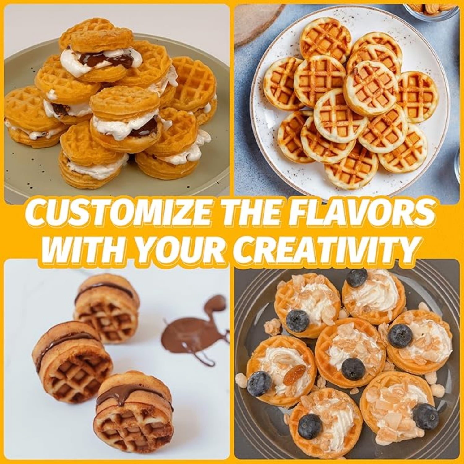 Mini Electric Waffle Maker 8-Count 2" Tiny Bites Non-Stick for Breakfast Dessert Snacks
