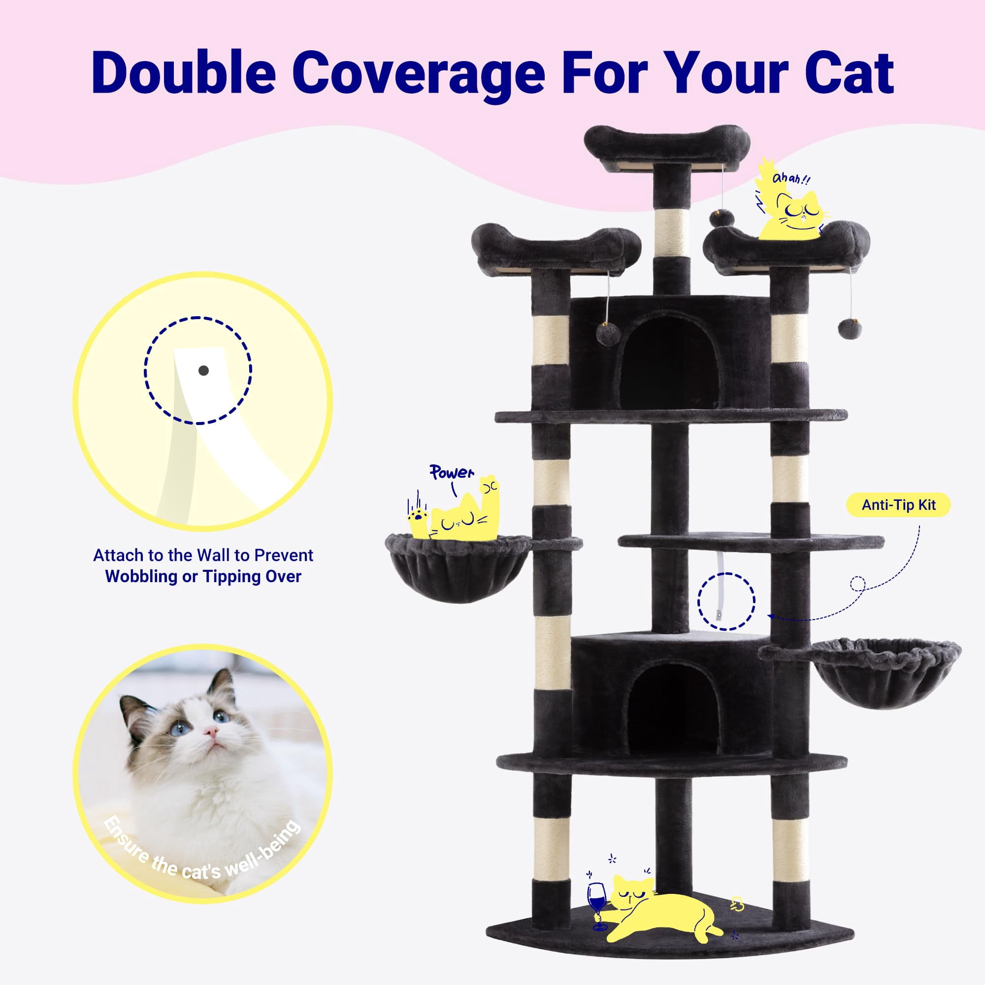 73in Fan-shaped Space-saving Corner Cat Tower/multi-level Tall Tree For Indoor Kitties/cozy Baskets/condos/house/perches/sisal Posts/pet Activity Center/dark Grey