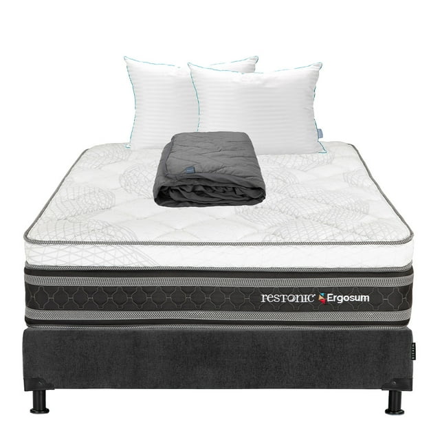 Colchón Queen Size Ergosum Restonic + Box + Almohada Royal Twin + Protector Lux