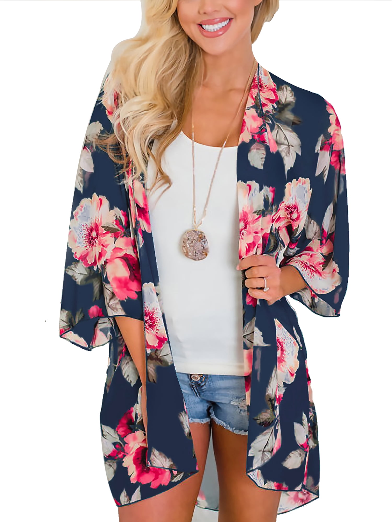 PRETTODAY Womens Floral Print Kimonos Loose Half Sleeve Shawl Chiffon Cardigan Blouses Casual Beach Cover Ups 