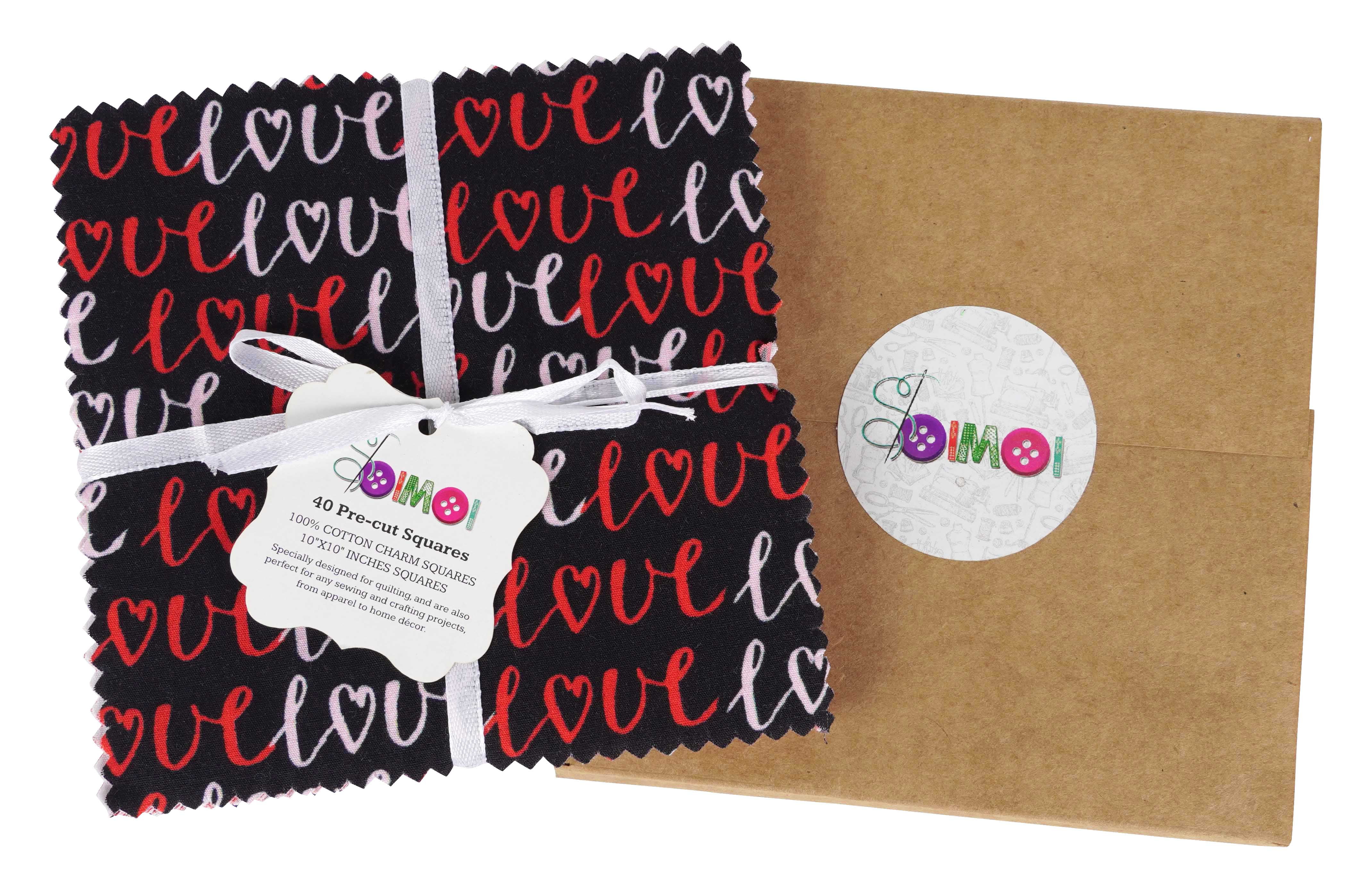 Soimoi Precut 10-inch Valentine Love Prints Cotton Fabric Bundle Quilting Squares Charm Pack DIY Patchwork Sewing Craft- Red & Black