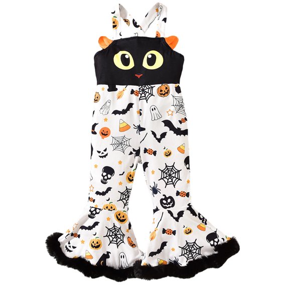 Cotton Halloween Romper Toddler Baby Girls Halloween Jumpsuit Sleeveless Sling Flared Bottoms Pumpkin Romper