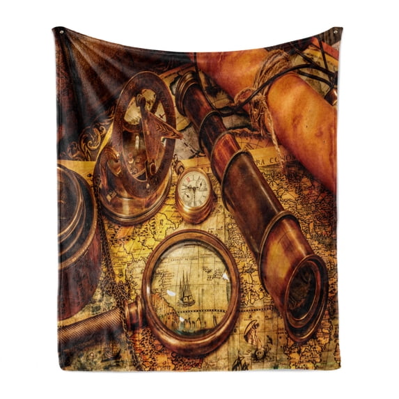 Antique Soft Flannel Fleece Blanket, Magnifying Glass Compass Telescope and Pocket Watch on an Old Map Nautical, Cozy Plush for Indoor and Outdoor Use, 50" x 60", Orange Brown Yellow, by Ambesonne