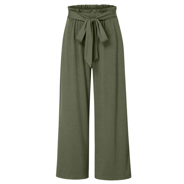 Gibobby pantalones anchos mujer Pantalones de pierna ancha para mujer Pantalones palazzo de talle con cinturón Pantalones de playa casuales de verano fluidos y holgados con bolsillos (Verdinegro, XL)