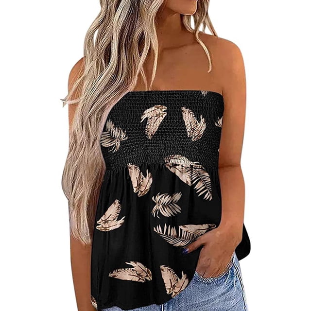 Tops de tubo ahumados para mujer, Bandeau sin tirantes, estampado plisado, sin mangas, corte entallado, camiseta sin mangas