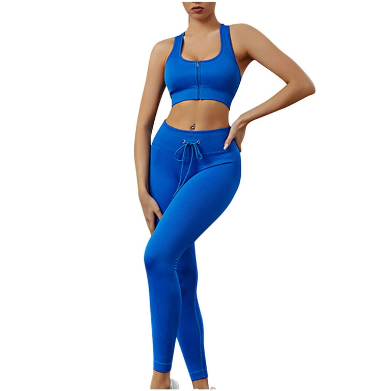 JNGSA Workout Sets for Women Active 2 Piece Seamless Matching Zipper Crop  Top with High Waist Drawstring Leggings Yoga Set Gym Outfits Blue 6