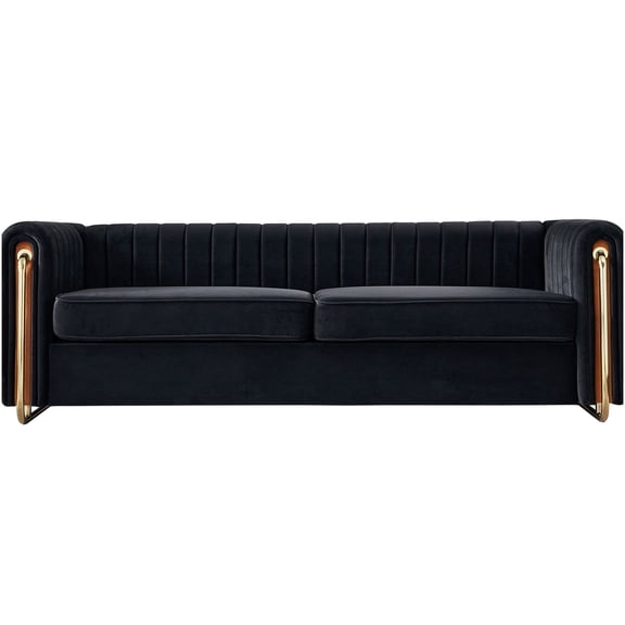 Modern Channel Tufted Velvet Sofa with Gold Legs, 84" Wide Plush Couch for Living Room