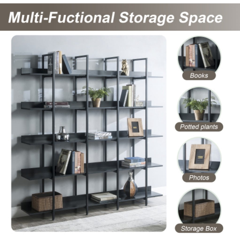 5-Tier Industrial Bookcase, Vintage Open Bookshelf with Metal Frame & MDF Shelves, 80 Lbs Per Shelf, Freestanding Display Storage Rack for Living Room & Home Office, Black