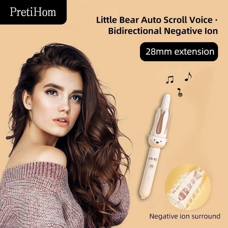 Cute Bear Automatic Hair Curler, 32mm Auto-Rotating Ceramic Curling Iron with 4 Temperature Settings, Anti-Tangle & Anti-Scald Design