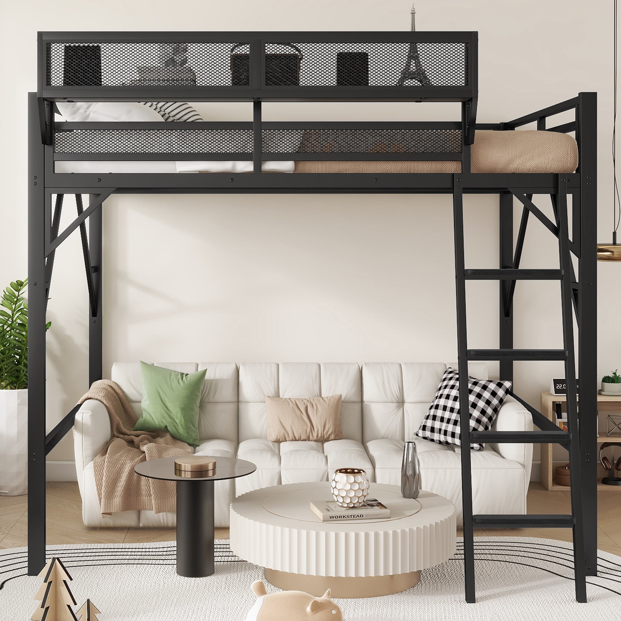 Queen Size Loft Bed with Ladder, Metal Loft Bed with Storage Shelves, High Loft Bed for Kids Teens, Black