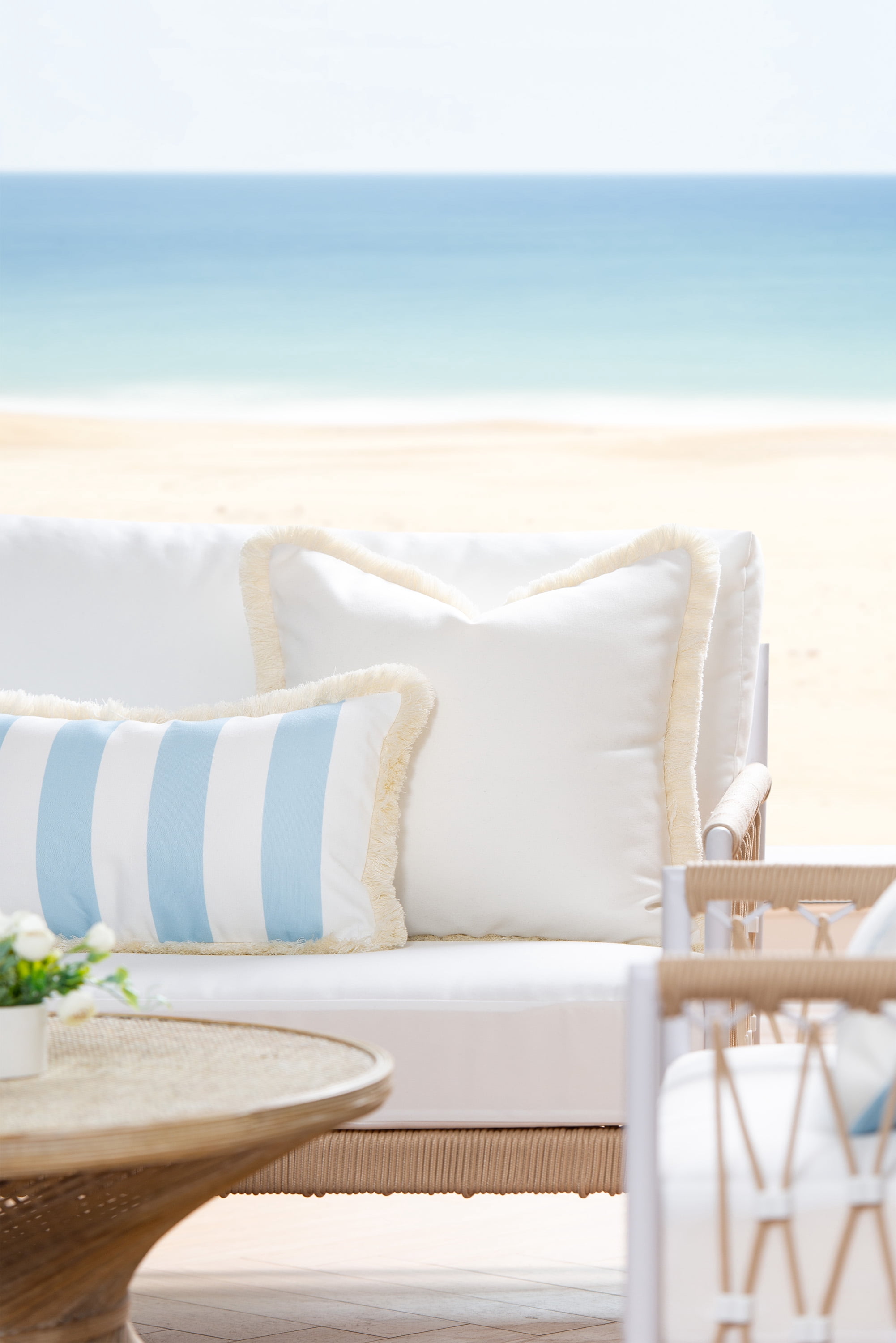 Hofdeco Premium Coastal Patio Indoor Outdoor Pillow Cover Only, 20"x20" Water Resistant for Backyard, Couch, Solid White Fringe