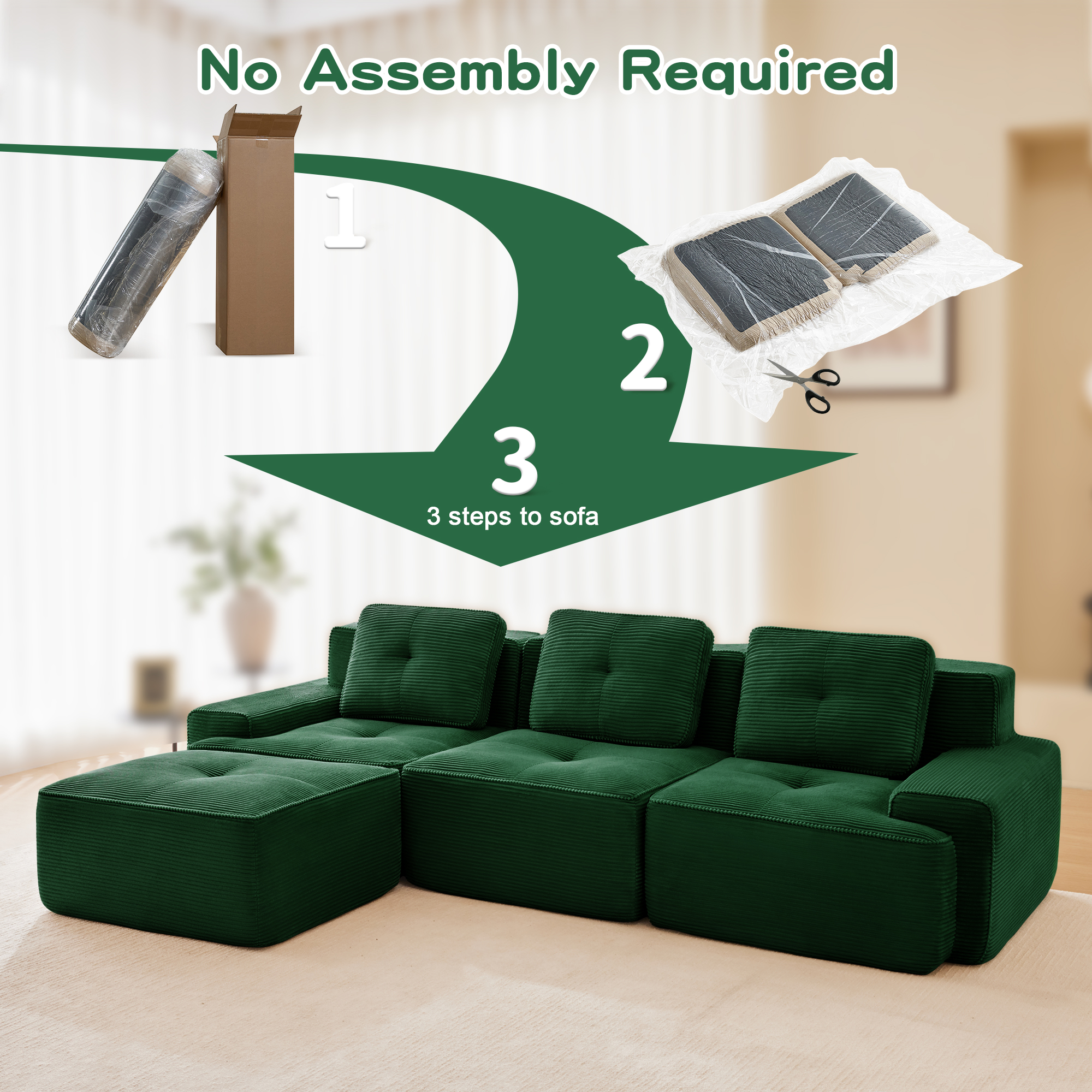 Yoneston 117" L-Shaped Modular Sectional Sofa 3 Seater Couch with Cushions and Ottoman, No Assembly Corduroy Sofa with Deep Seating for Living Room Bedroom Apartment, Green