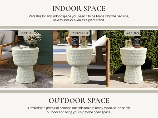 LuxenHome Outdoor Side Table, 15'' Off White Round Spiral Pattern Accent End Table, Indoor Outdoor Coffee Tables for Patio, Living Room, Backyard,Garden Stool and Plant Stand