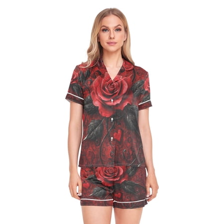 Women Silk Pajama Sets Causal Outings Fashion Design Rose Printed Pattern Home