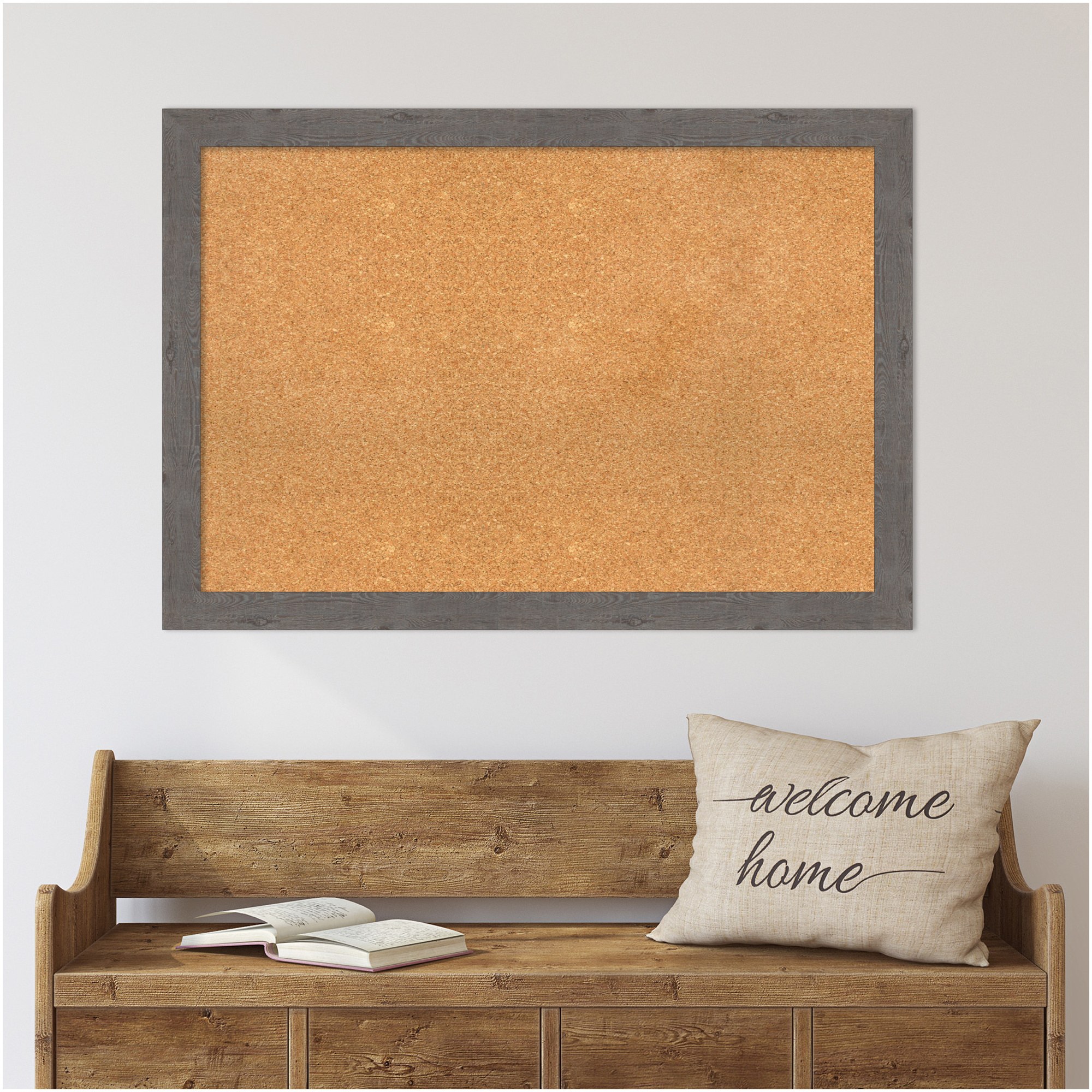 Amanti Art Natural Cork Board Framed Rustic Plank Grey Narrow Bulletin Board 39 in. x 27 in.