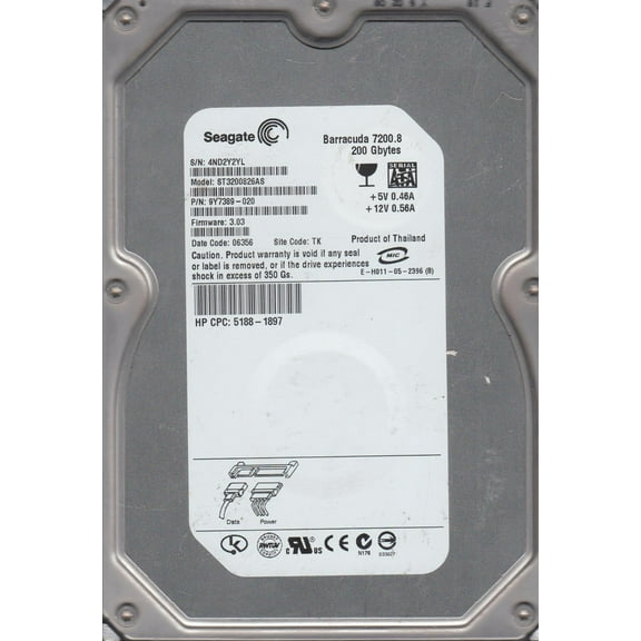 ST3200826AS, 4ND, TK, PN 9Y7389-020, FW 3.03, Seagate 200GB SATA 3.5 Hard Drive