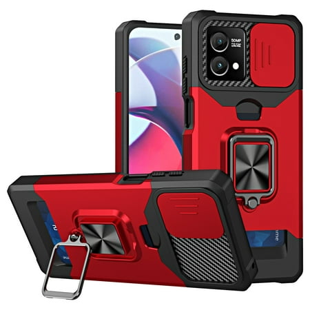 Heavy Duty Case for Motorola Moto G Stylus 5G 2022 with Camera Lens Sliding Cover Card Holder, Rugged Protection Shockproof Phone Cover with Rotate Ring Holder Stand Magnetic Car Mount, Red