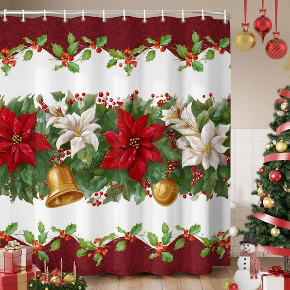 Christmas Poinsettia Shower Curtain, Winter Xmas Floral Bell Botanical Waterproof Fabric Shower Curtains with 12 Hooks, Bathroom Curtain Set for Bathroom Accessories Decor, 36 x 72 Inches