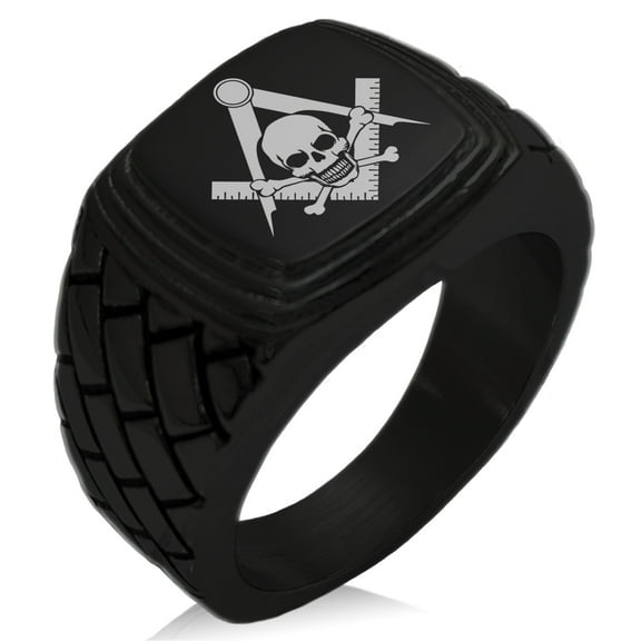 Stainless Steel Freemasons Masonic Skull & Crossbones Geometric Pattern Step-Down Biker Style Polished Ring