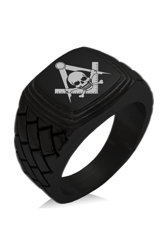 Stainless Steel Freemasons Masonic Skull & Crossbones Geometric Pattern Step-Down Biker Style Polished Ring