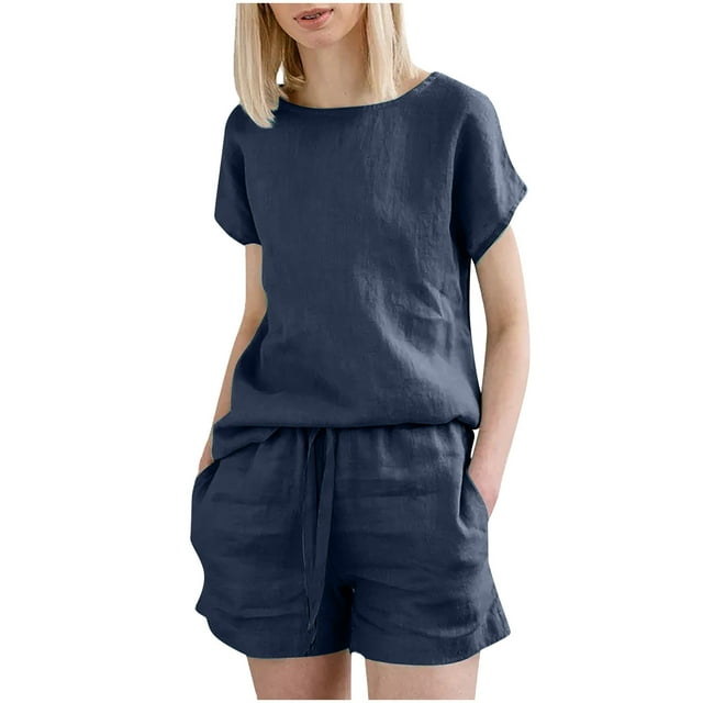 Conjunto de pantalones cortos de manga corta Sloid con cuello redondo para mujer, traje deportivo informal de verano, 2 piezas Wmkox8yi bvn1382