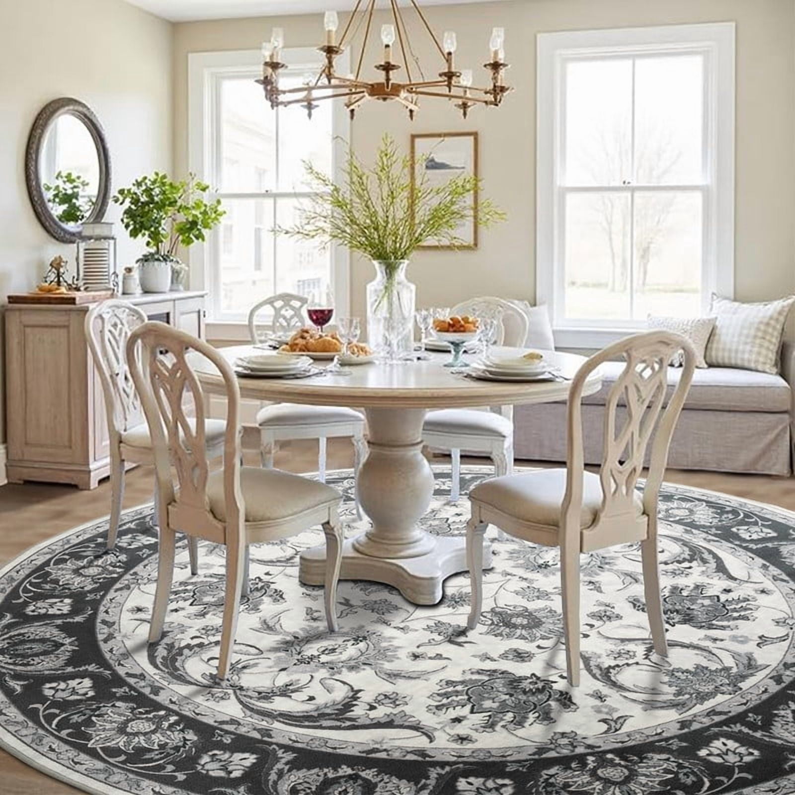 Jamfeel Round Rugs Vintage Print Low Pile Non-slip Circle Carpet Indoor Area Rug for Living Room Nursery, 6ft, Black and White