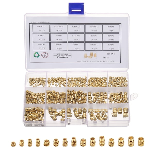 415Pack M2 M3 M4 M5 M6 Metric Threaded Inserts Brass Heat Set Insert Knurled Nuts Assortment Kit, 3D Printing Brass Nuts Female Threaded Inserts Nuts