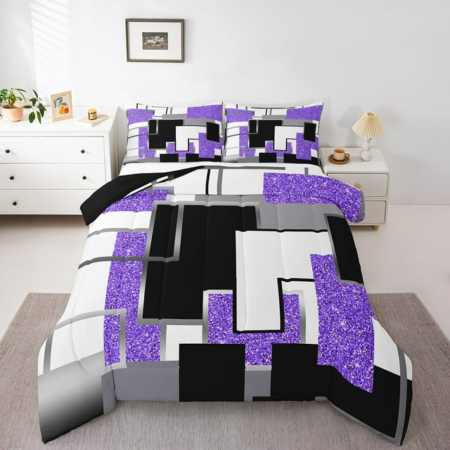 YST Purple Black Grey Toddler Comforter Set For Girls,Geometric Sequins Down Comforter Abstract Grids Bedding Set Geometry Square Checkered Bed Set Soft Lightweight For All Season